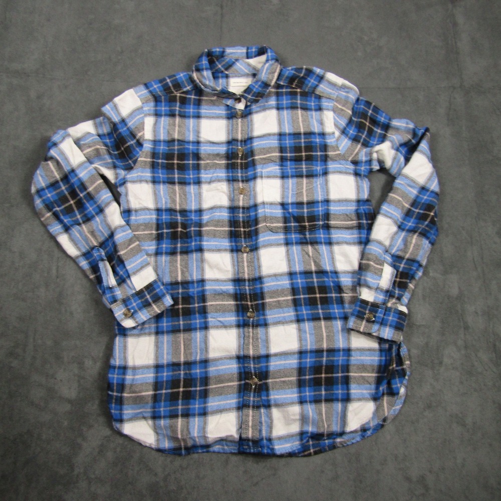 American Eagle Flannel Shirt Women XS Blue Plaid Boyfriend Fit Button Down Soft